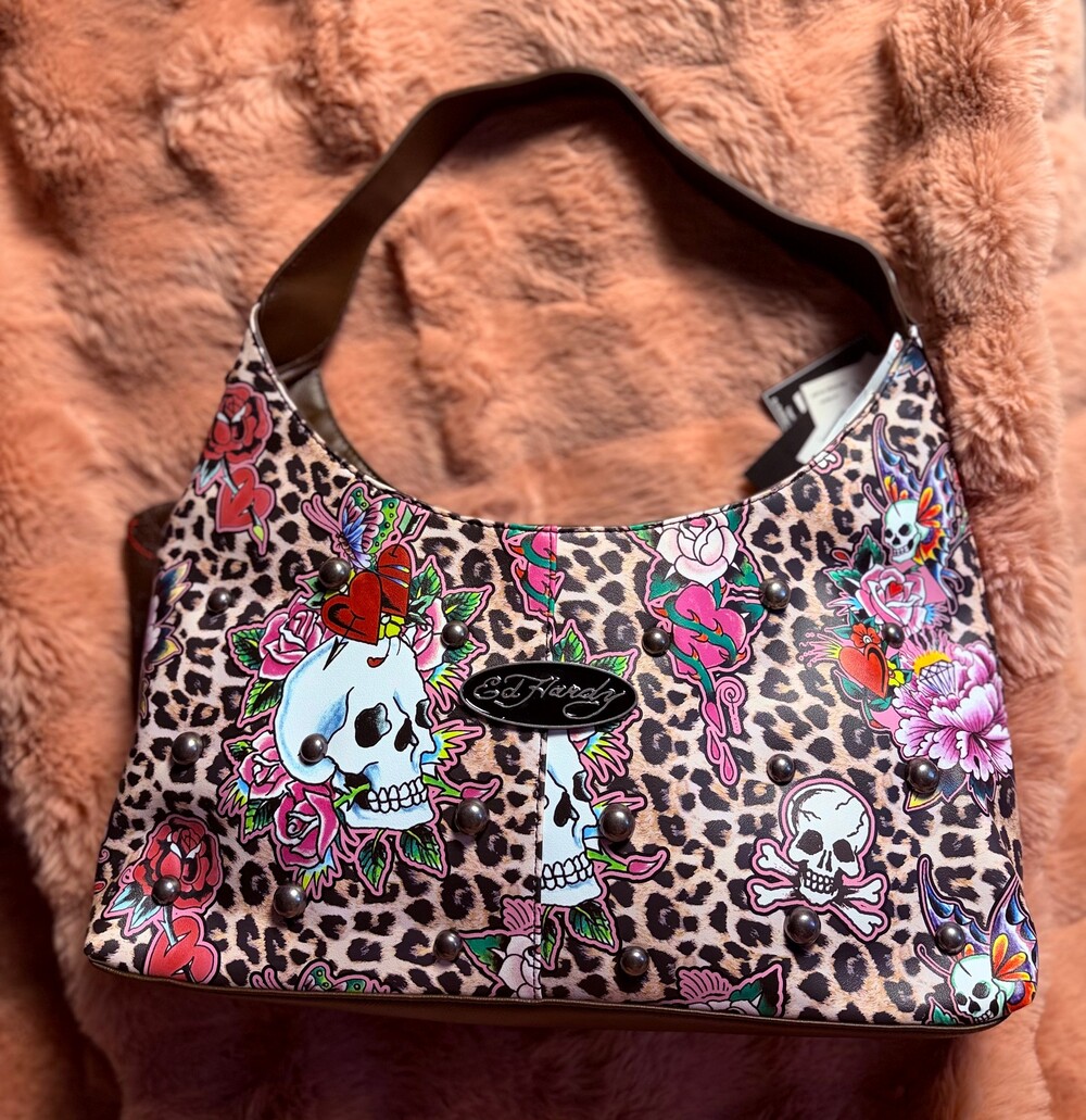 Ed Hardy Leopard Print Skull Studded Shoulder Bag